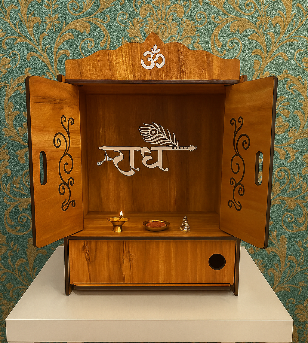 Handcrafted Wooden Pooja Mandir with Engraved Om & Decorative Doors – Wall/Tabletop Temple