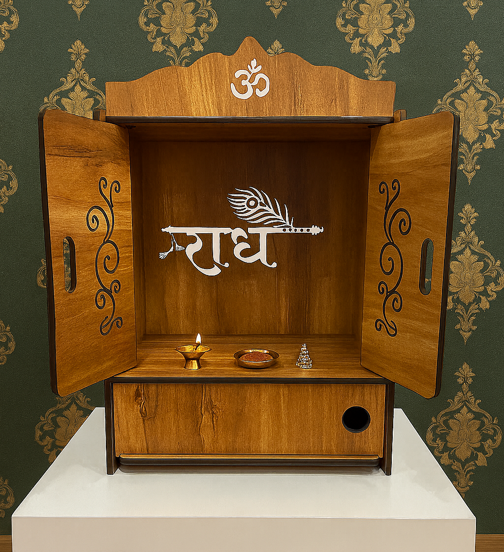 Handcrafted Wooden Pooja Mandir with Engraved Om & Decorative Doors – Wall/Tabletop Temple - Image 4