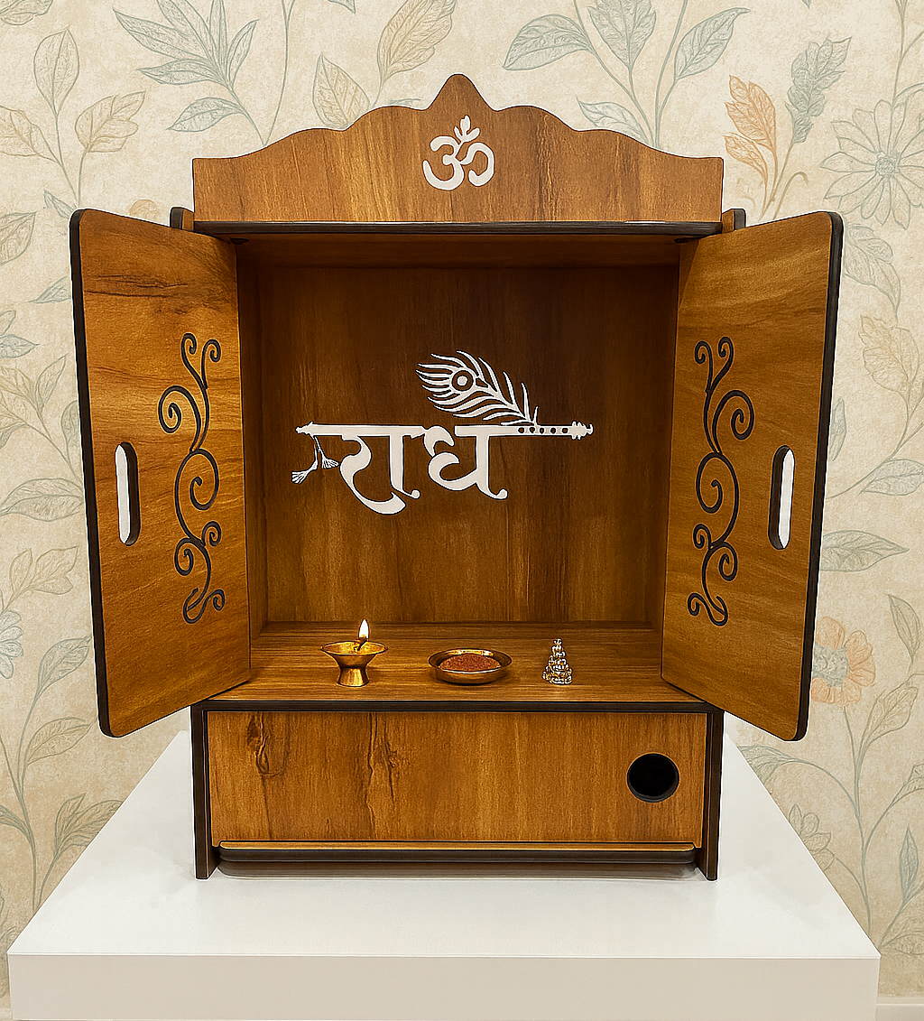 Handcrafted Wooden Pooja Mandir with Engraved Om & Decorative Doors – Wall/Tabletop Temple - Image 3