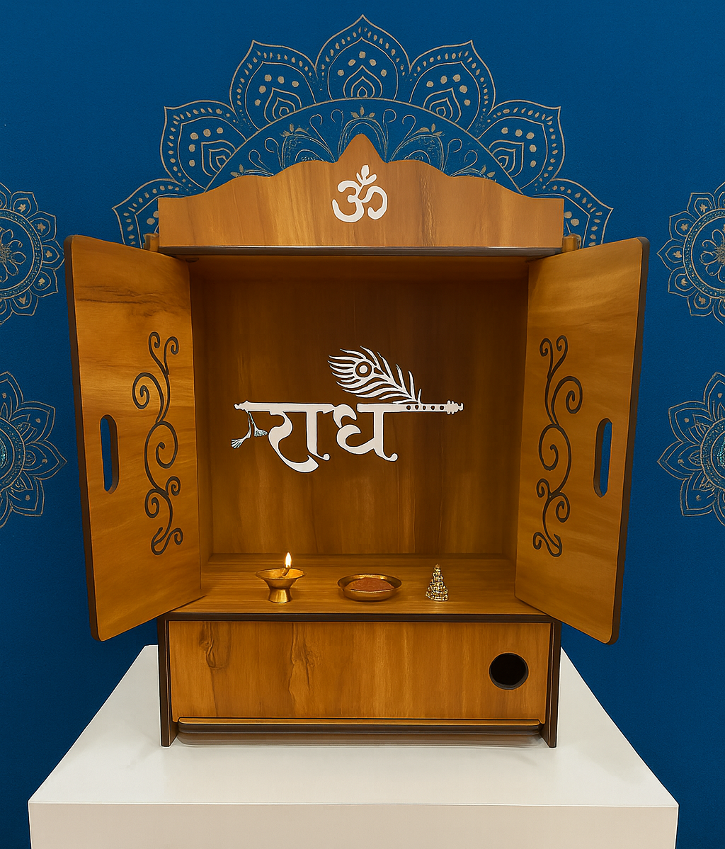 Handcrafted Wooden Pooja Mandir with Engraved Om & Decorative Doors – Wall/Tabletop Temple - Image 2