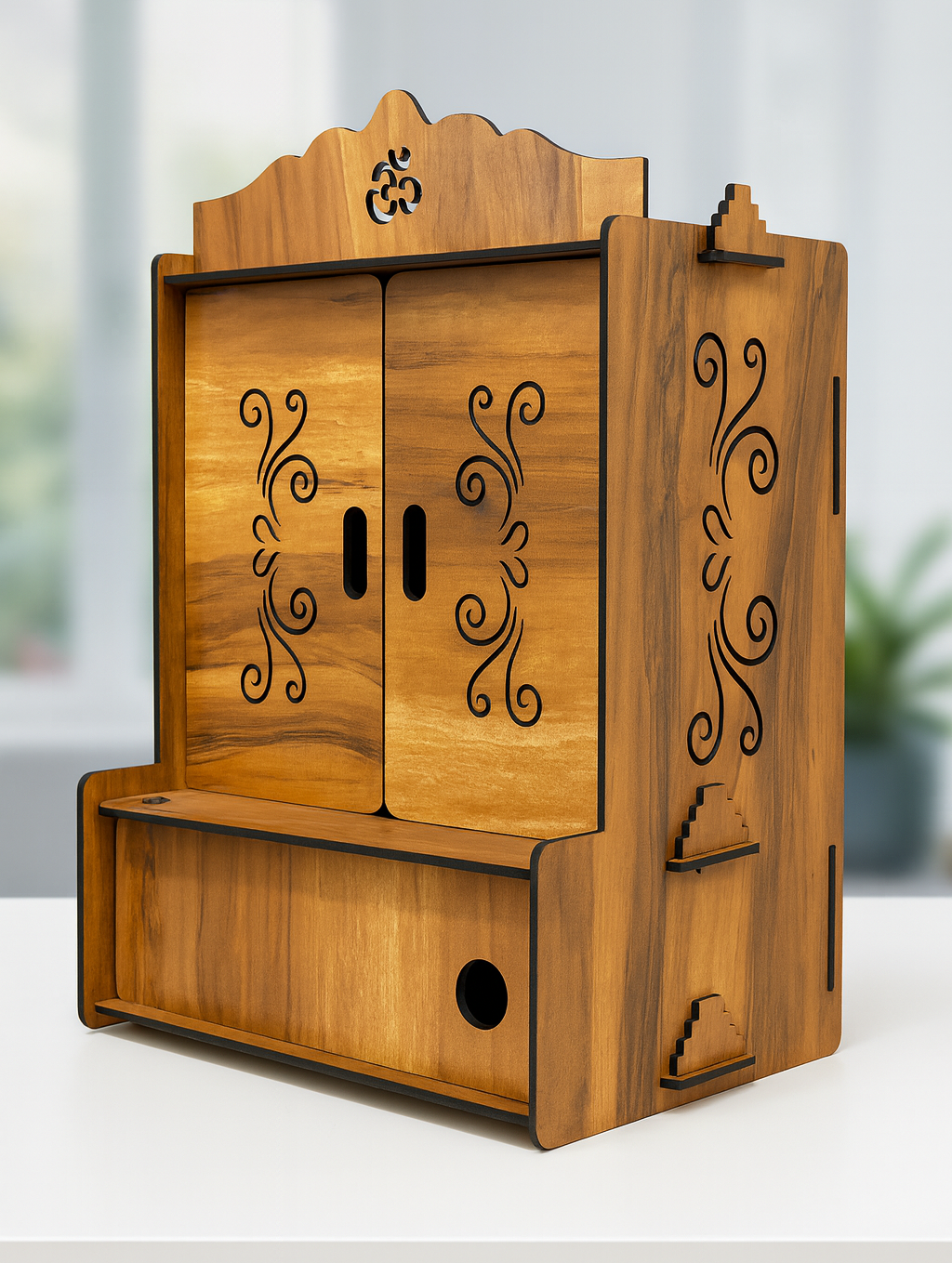 Premium Wooden Wall-Mounted Pooja Temple | Handcrafted Home Mandir with Doors - Image 5