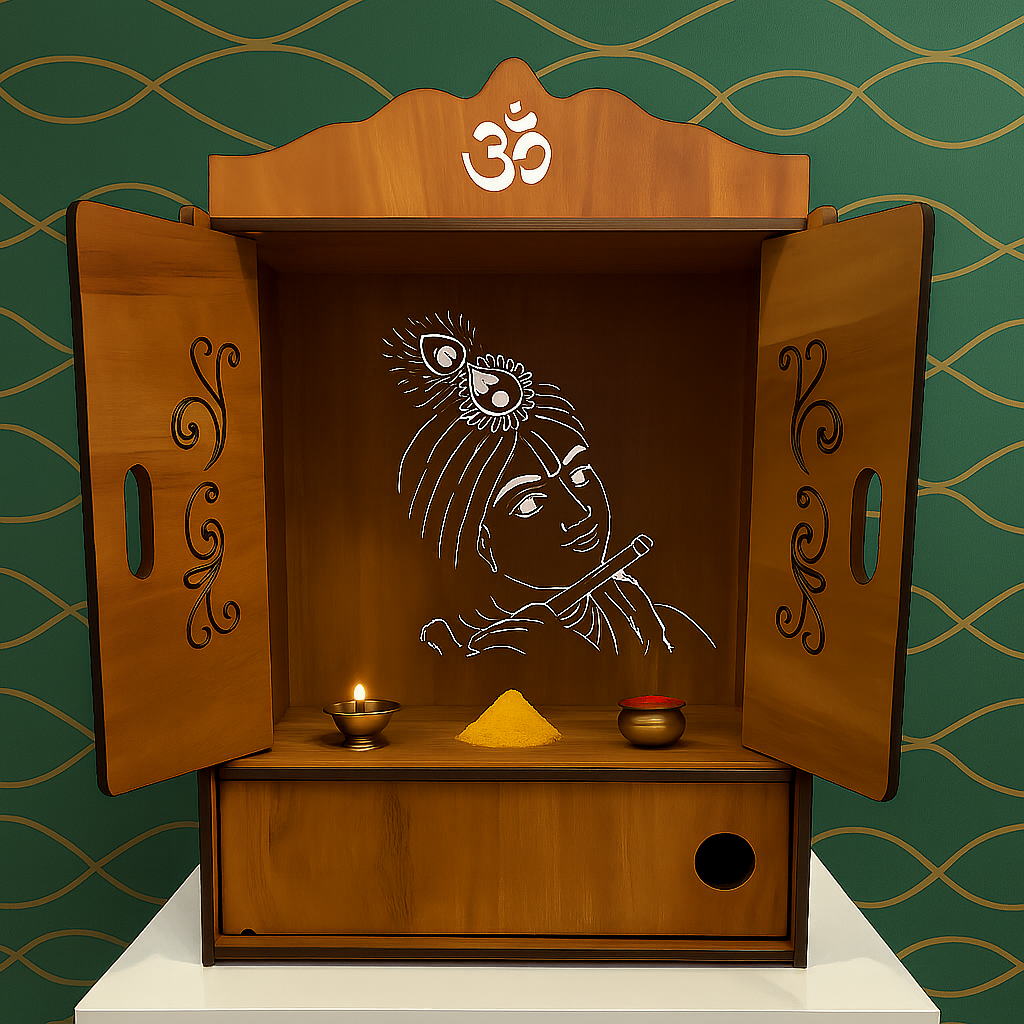 Premium Wooden Wall-Mounted Pooja Temple | Handcrafted Home Mandir with Doors - Image 2